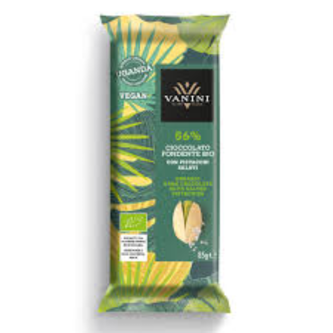 VANINI UGANDA ORGANIC 56% DARK CHOC PISTACHIOS 85G